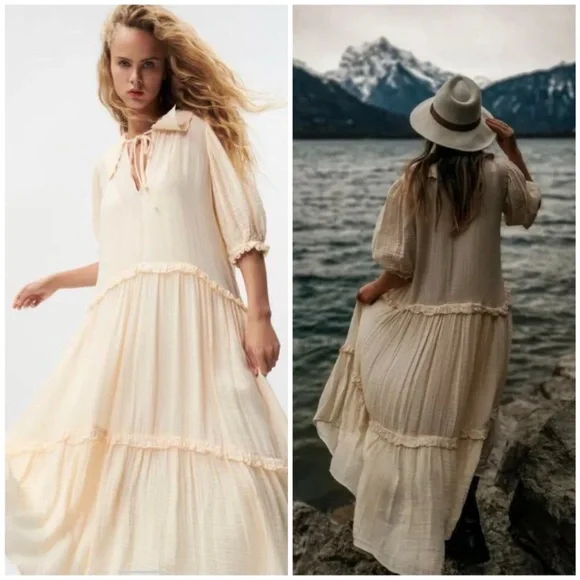 knee length dresses for ladies Zara White Tiered Cotton-Linen Midi Dress main image 1